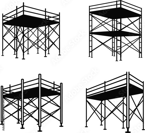 Construction Scaffolding Vector Icons – Steel Scaffold Platforms and Frames for Building Safety and Support in Construction and Renovation Projects