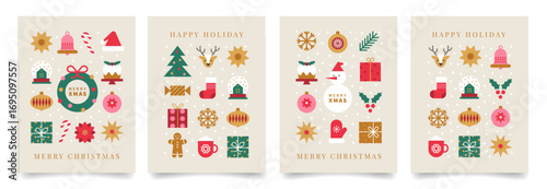 Set of Christmas minimalist geometric poster or greeting card. Xmas background with abstract icons in minimal style. Christmas tree, snowman, gifts, deer and holiday decoration. Vector illustration.
