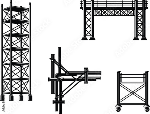 Detailed Scaffolding Vector Icons Set – Construction Support Frames, Rolling Scaffold, Industrial Platforms and Building Site Safety Equipment Illustration
