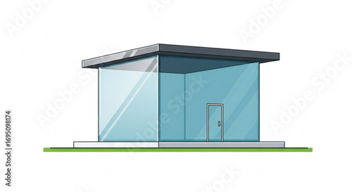 Illustration of a small modern glass building with a door and a flat roof
