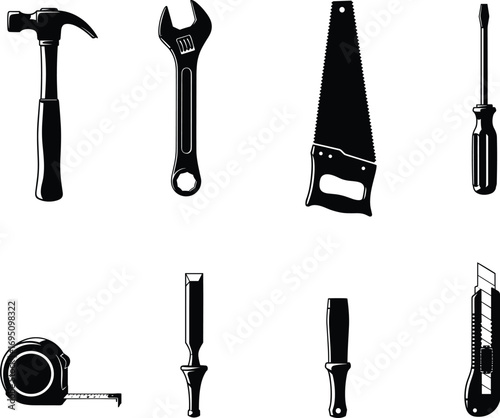 Hand Tools Set Vector Icons – Hammer, Adjustable Wrench, Hand Saw, Screwdrivers, Measuring Tape, Chisels, Utility Knife for DIY and Carpentry