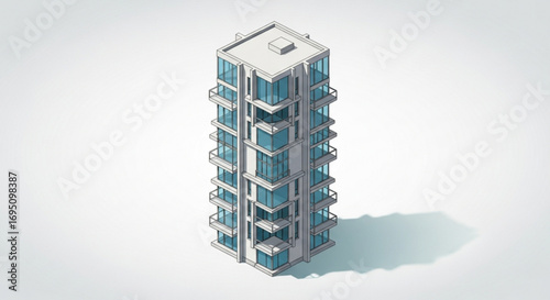 Isometric rendering of a modern apartment building with balconies, showcasing contemporary design