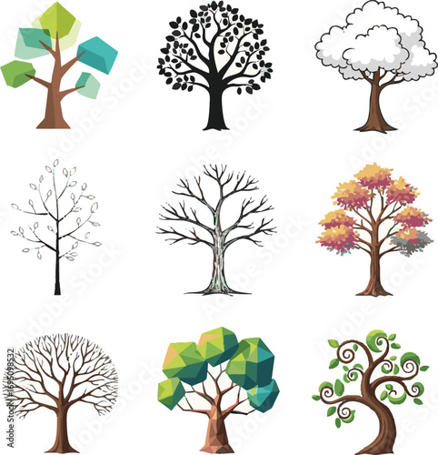 Create kinds of 9 Set of vector trees on white Background.