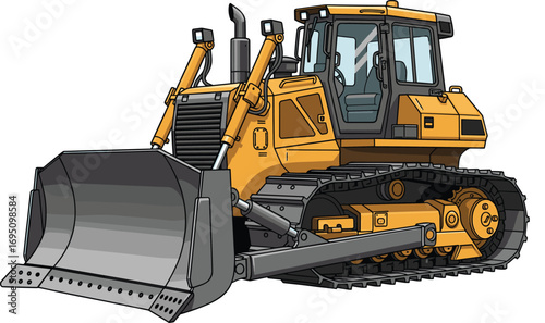 High-detail vector illustration of a yellow bulldozer with a large metal blade, hydraulic arms, and tracked wheels for heavy construction and earthmoving tasks.