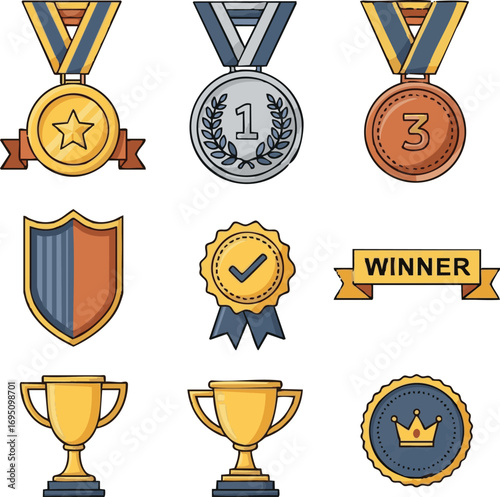 Create Medal icon vector set. Winner, award and victory symbol collection