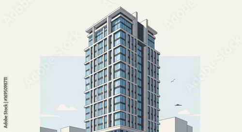 Illustration of a modern skyscraper with a sleek design, showcasing urban architecture and construction