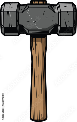 Illustration of a heavy-duty sledgehammer with a textured black metal head and a wooden handle, used for demolition and heavy construction tasks.