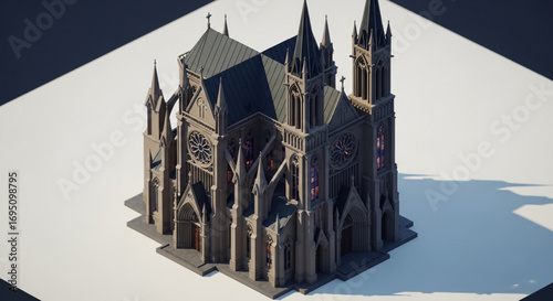 Isometric view of a gothic cathedral with intricate details and shadows