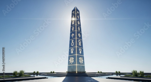 A futuristic obelisk with astrological symbols stands tall against a clear blue sky, a symbol of cosmic knowledge
