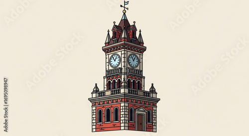 A vintage clock tower with a weather vane for architectural visualization