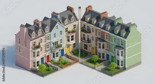 Isometric view of colorful terraced houses, a charming neighborhood with vibrant facades and architectural details
