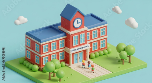 Cartoon elementary school building with children entering on a sunny day with fluffy clouds in the sky