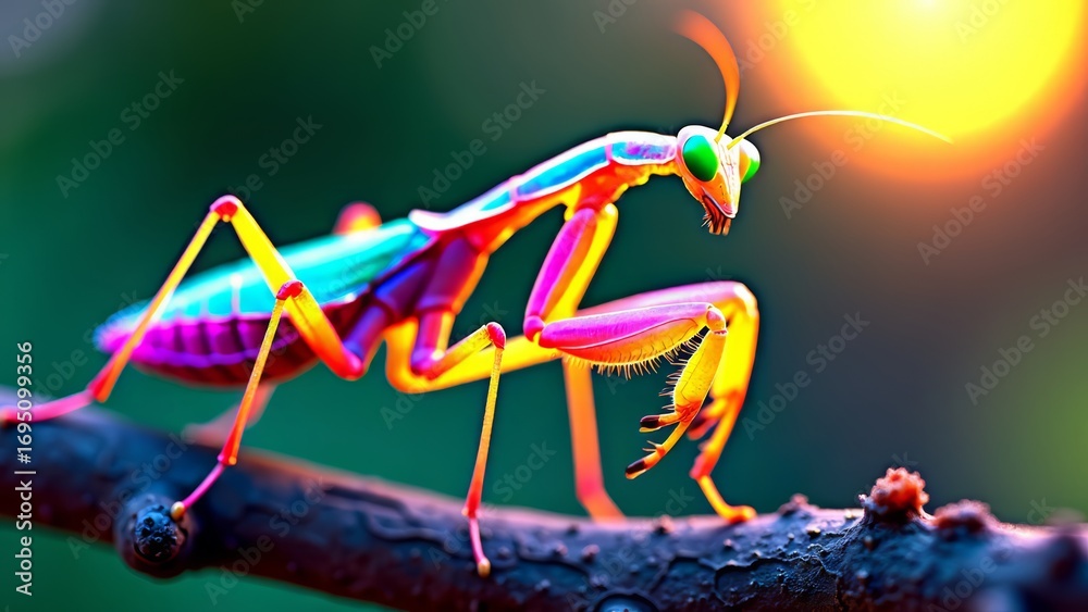 Fototapeta premium Colorful praying mantis on branch in digital jungle