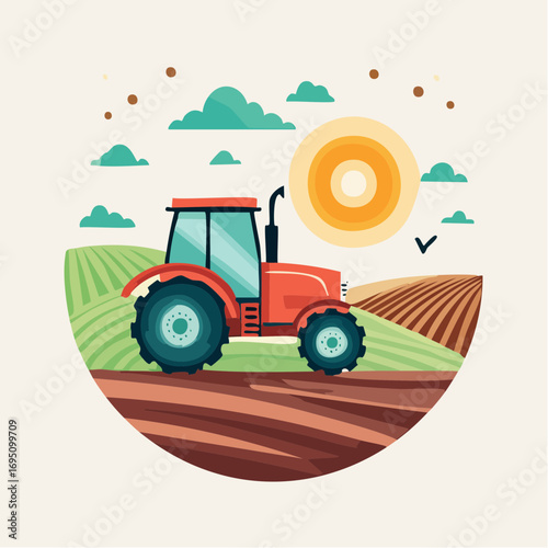 Icône ronde stylisée avec tracteur et champ