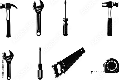 Set of essential black and white hand tools including hammer, adjustable wrench, screwdriver, saw, and measuring tape for woodworking and repair projects.