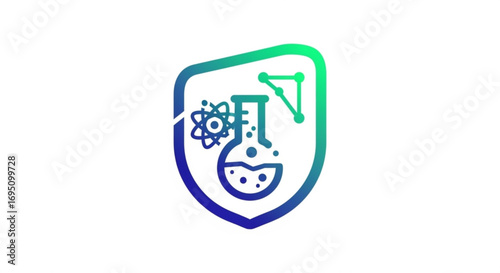 Shield with science elements representing research and development in a modern design style