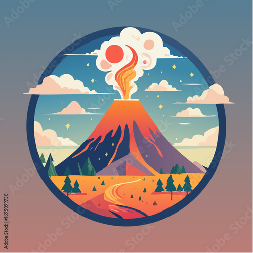 Icône ronde stylisée représentant lave et fumée