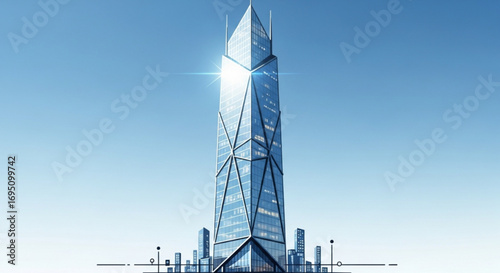 Futuristic skyscraper with geometric design and reflective glass facade against a clear blue sky