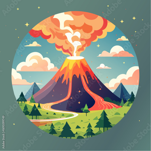 Illustration vectorielle circulaire de volcan en éruption