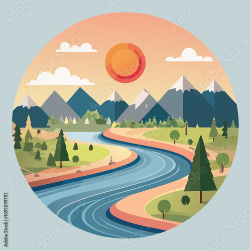 Icône ronde minimaliste avec rivière et soleil couchant