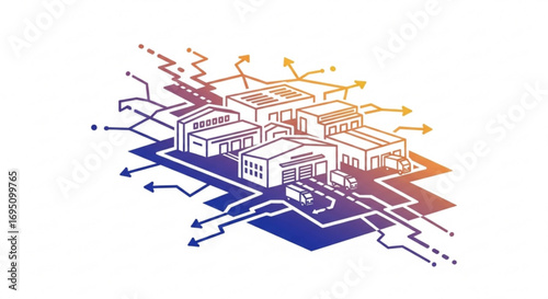 Smart distribution network with warehouses and delivery trucks in a modern line art style