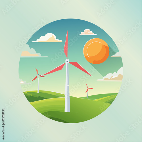 Icône ronde stylisée avec éolienne et soleil