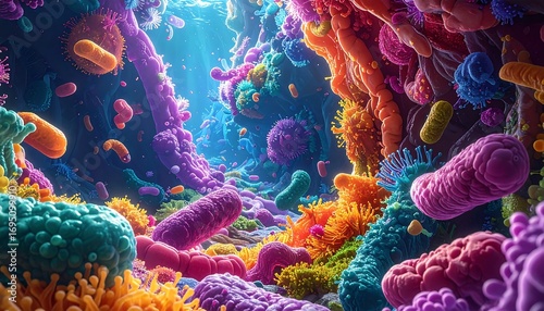 A vibrant and detailed artistic rendering of various colorful microorganisms, creating a mesmerizing underwater scene.