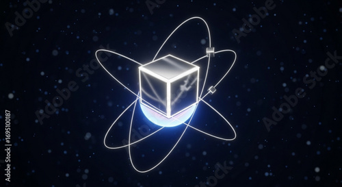 Futuristic cube with glowing orbits around it, representing advanced technology and scientific innovation concept