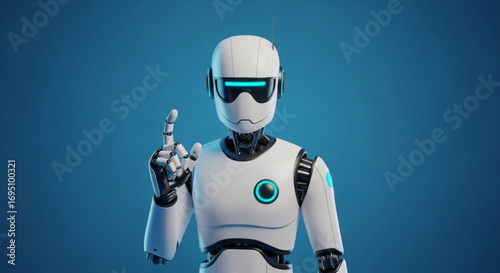 Futuristic robot with a raised finger, conveying a sense of innovation, technology, and artificial intelligence in a modern setting