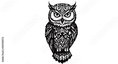 Detailed black and white illustration of an owl on a white background featuring intricate patterns and design elements