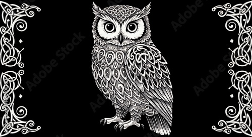 Detailed black and white owl illustration with ornamental frame on dark background