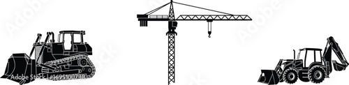 Silhouettes of heavy construction machinery including a bulldozer, tower crane, and backhoe loader used for earthmoving and building projects.