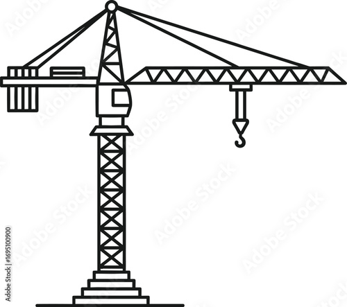 Simple line art vector illustration of a construction tower crane, industrial heavy lifting machinery for building sites, architectural and engineering design concept.