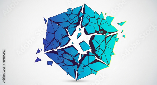 Exploding blue cube with shattered pieces on, depicting destruction and fragmentation concept