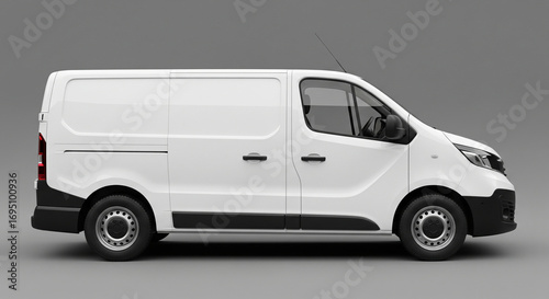 Sleek clean white modern cargo delivery van side view studio shot on a plain background. Professional light commercial vehicle.