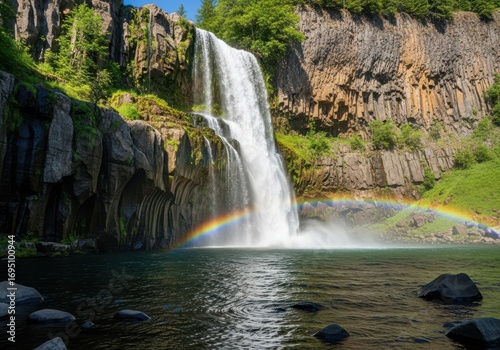 Majestic waterfall with a vibrant rainbow in a lush green forest setting
