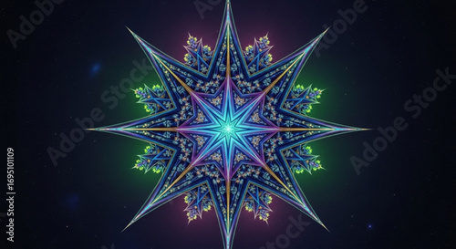 A vibrant and intricate fractal star design, radiating with colorful patterns and mesmerizing symmetry on a dark background