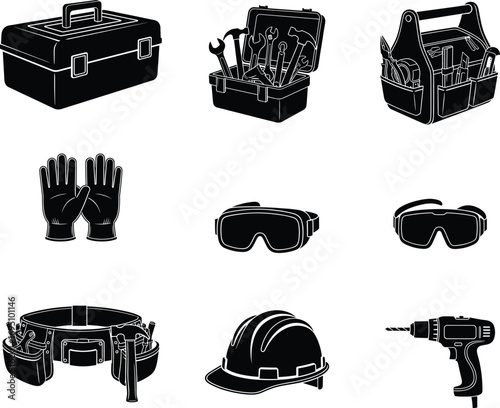 Vector black silhouette illustration of construction tools, safety gloves, goggles, helmet, toolboxes, and electric drill for building and industrial work.