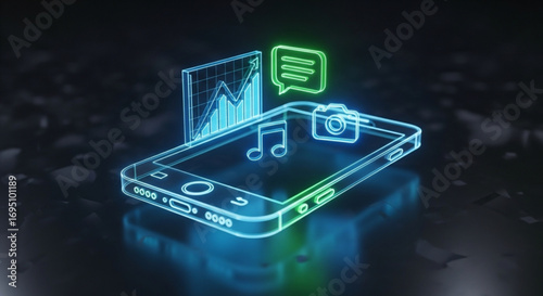A smartphone with glowing neon icons of a camera, music note, chat bubble, and graph floating above it on a dark surface