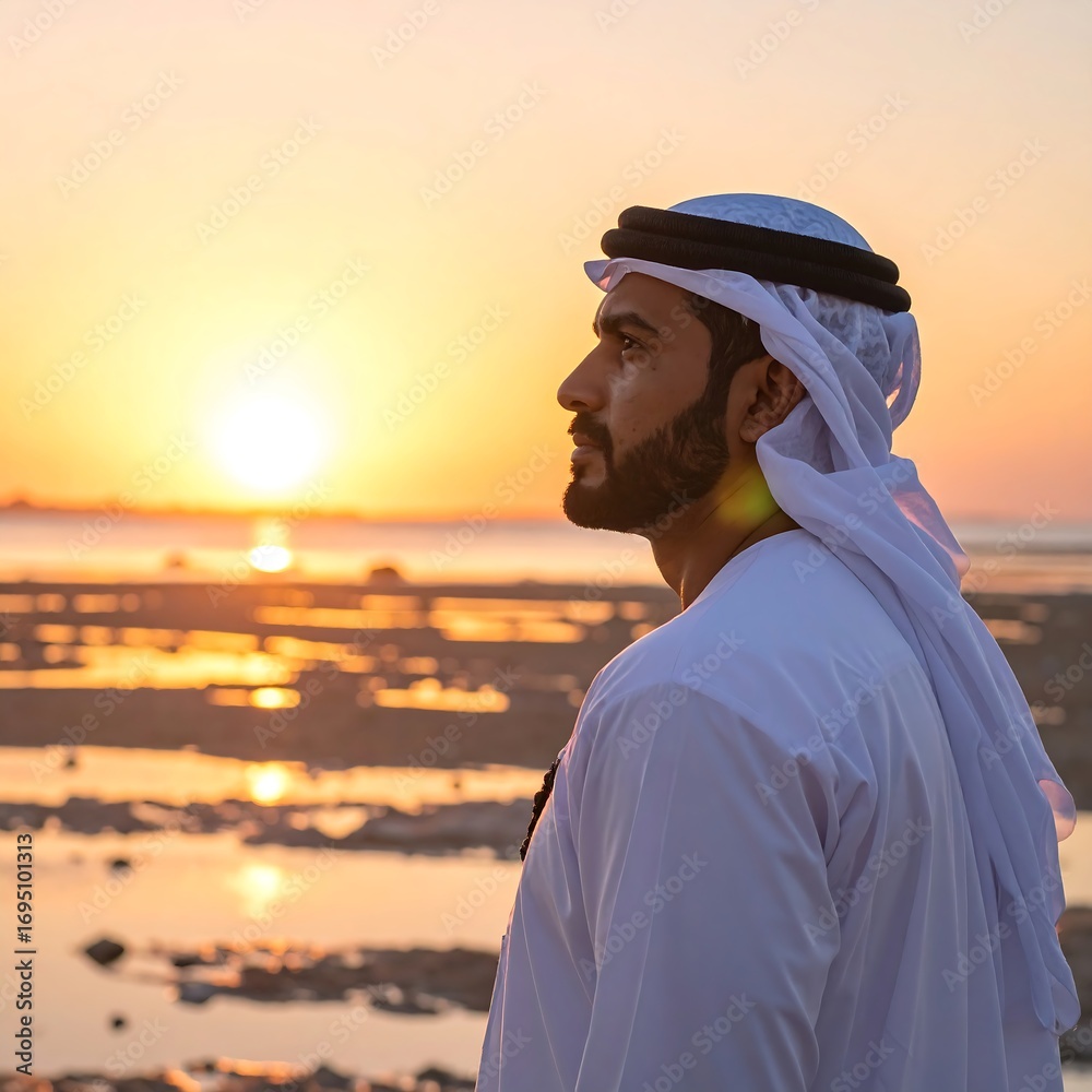Fototapeta premium A man in traditional attire gazes at the golden sunset over the water.