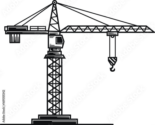 Vector illustration of a detailed construction crane, industrial heavy machinery for building sites, tower crane with hook for lifting and construction work.