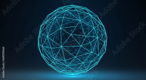 A glowing blue wireframe sphere with interconnected lines and nodes, representing technology and connectivity