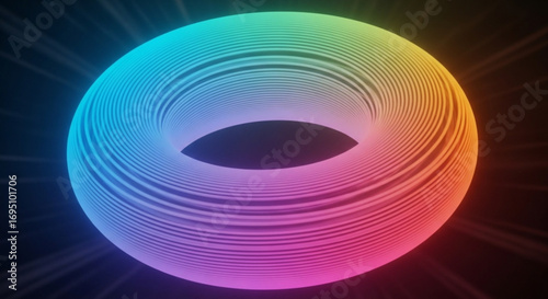 A colorful torus with rainbow hues and a dark background creates a visually striking and modern abstract design
