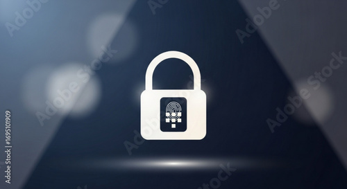 A white padlock with a fingerprint scanner on it is set against a dark blue gradient background
