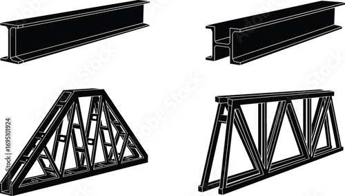 Vector illustration of steel beams and trusses including I-beam, H-beam, triangular and rectangular truss structures for construction and engineering projects.