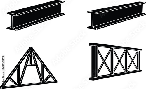 Vector illustration of steel I-beams and triangular truss frames with industrial design, perfect for construction, engineering, architecture, and structural projects.
