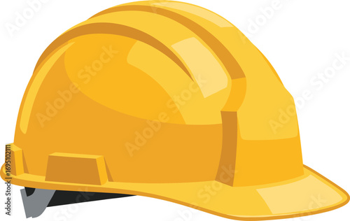 Vector illustration of yellow construction hard hat with adjustable interior strap, durable safety helmet designed for worker protection on construction sites and industrial environments.
