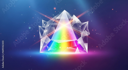 A crystal pyramid with rainbow colors shines brightly against a dark blue background, creating a magical and enchanting atmosphere