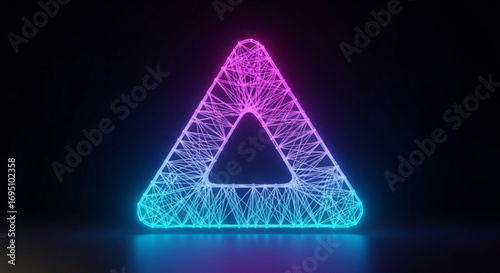 Glowing neon triangle with interconnected lines, symbolizing futuristic technology and abstract geometric design