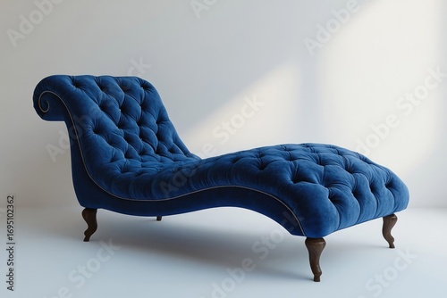 Elegant blue velvet chaise lounge with button tufting, curved design, and wooden legs.